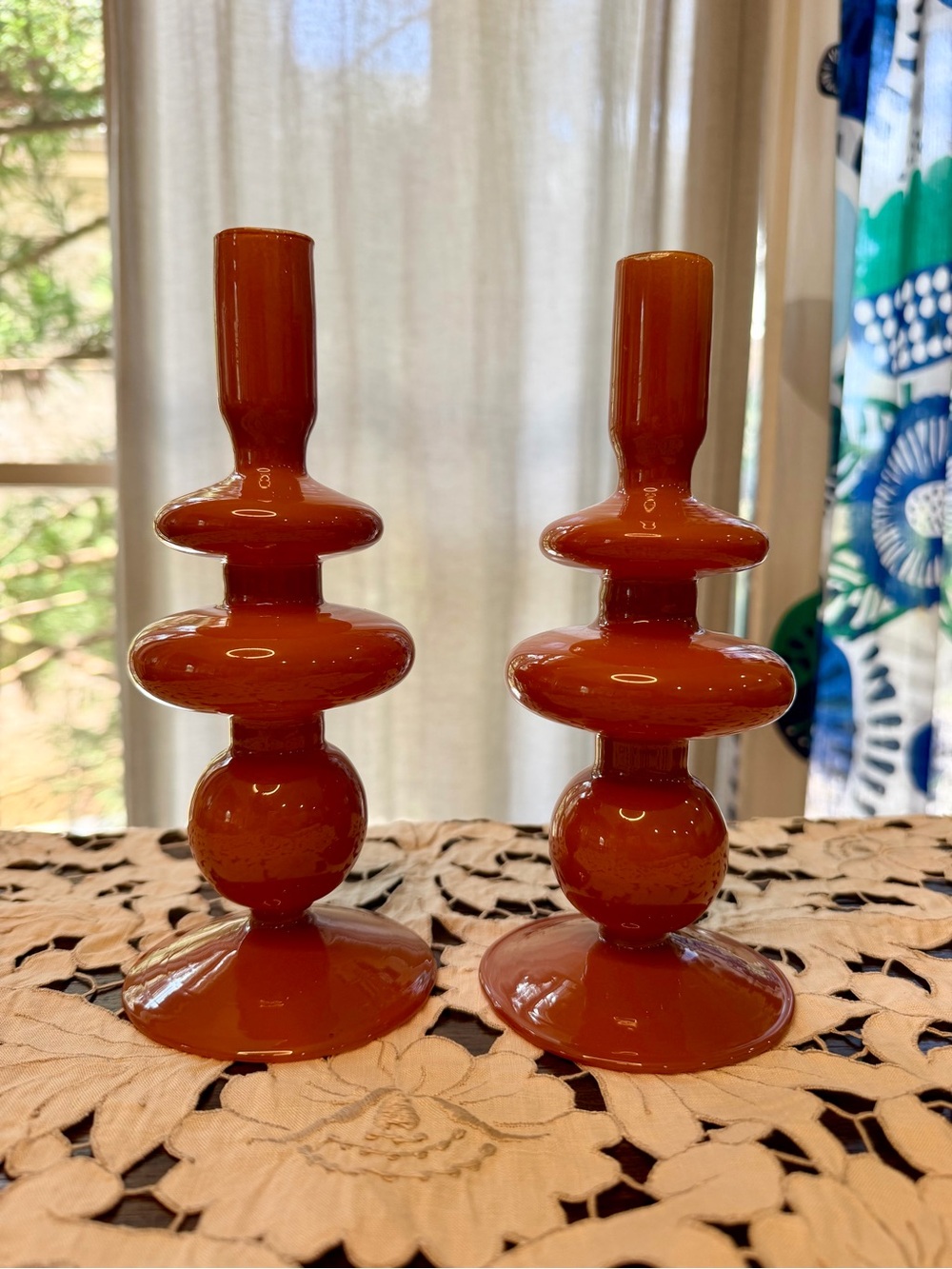 Orange Glass Candlestick Pair - Home Accents